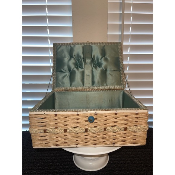 Other - Vintage Wicker Woven Sewing Box Basket Green Satin Ratan 10" Green Tufted Lining